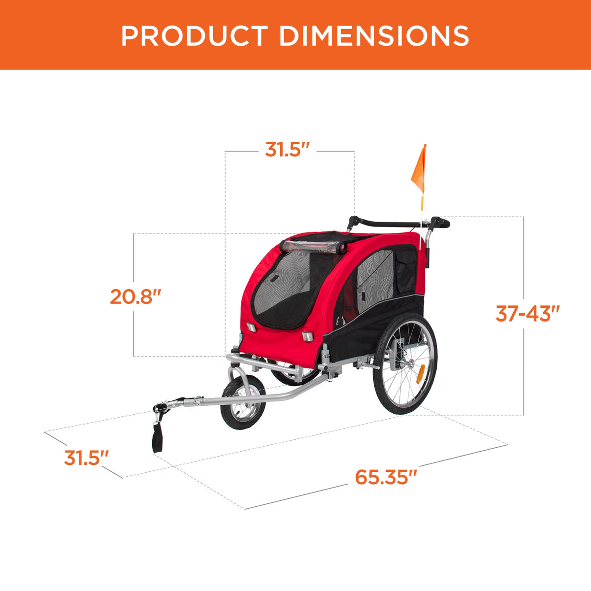 2-In-1 Dog Bike Trailer, Pet Stroller Bicycle Carrier W/ Hitch, Brakes, Visibility Flag, Reflector