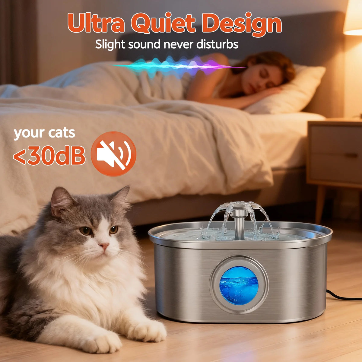 Cat Water Fountain Stainless Steel,  108Oz/3.2L Pet Fountain with Water Level Window,Automatic Water Dispenser for Cats and Dogs, Electric Drinking Bowl Suitable for Multiple Pets, Silver