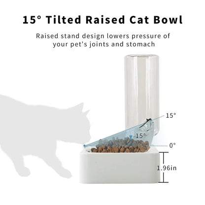 Tilted Raised Cat Food Bowl and Gravity Water Bottle, Elevated Cat Dish with Non-Slip Feeding Mat for Cats Kitten