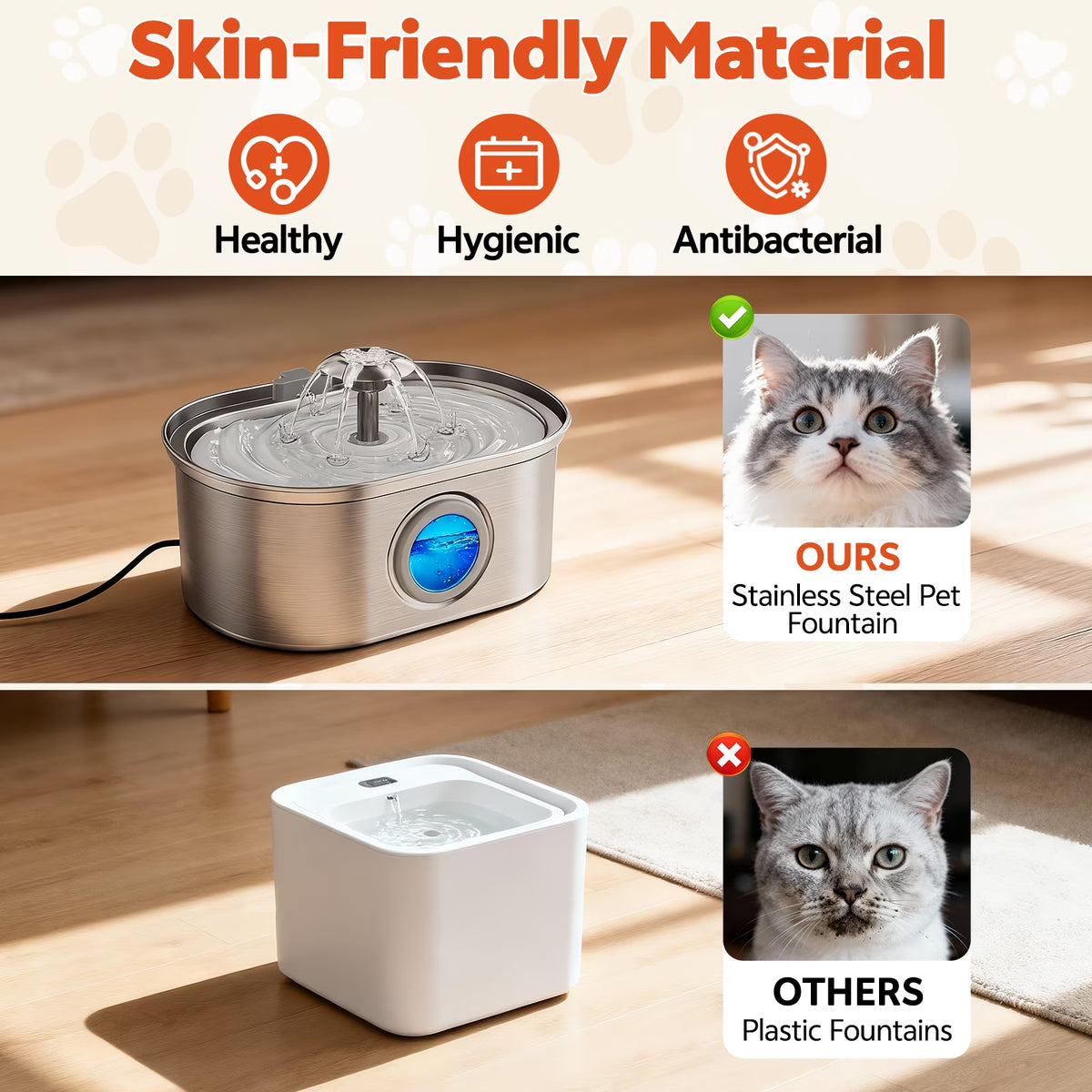 Cat Water Fountain Stainless Steel,  108Oz/3.2L Pet Fountain with Water Level Window,Automatic Water Dispenser for Cats and Dogs, Electric Drinking Bowl Suitable for Multiple Pets, Silver