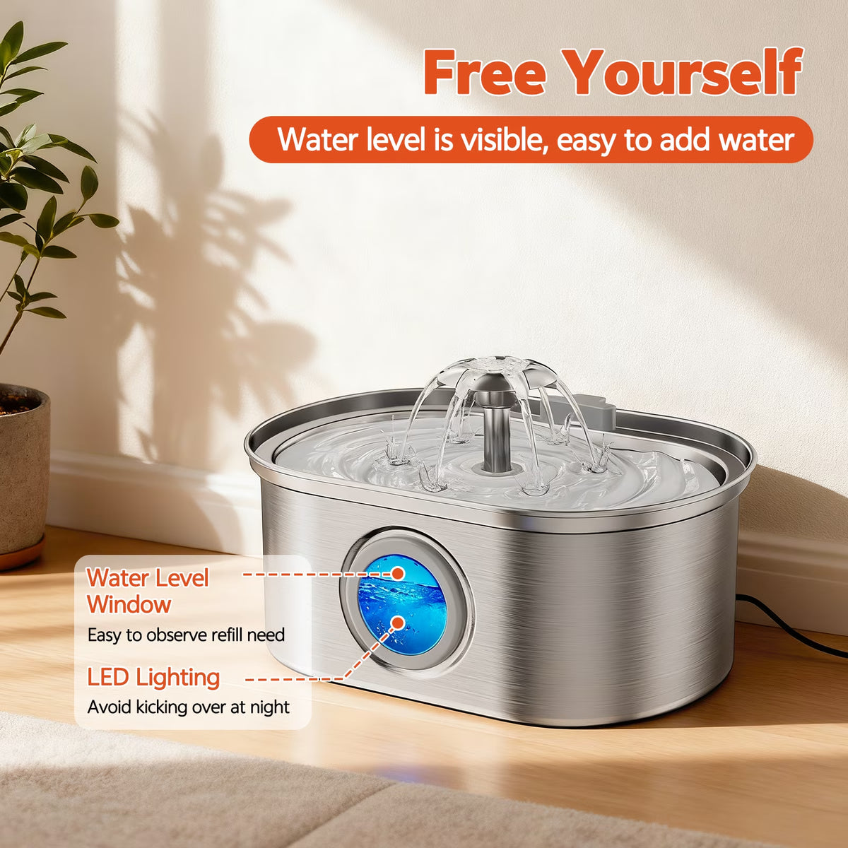 Cat Water Fountain Stainless Steel,  108Oz/3.2L Pet Fountain with Water Level Window,Automatic Water Dispenser for Cats and Dogs, Electric Drinking Bowl Suitable for Multiple Pets, Silver