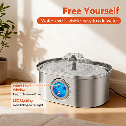 Cat Water Fountain Stainless Steel,  108Oz/3.2L Pet Fountain with Water Level Window,Automatic Water Dispenser for Cats and Dogs, Electric Drinking Bowl Suitable for Multiple Pets, Silver