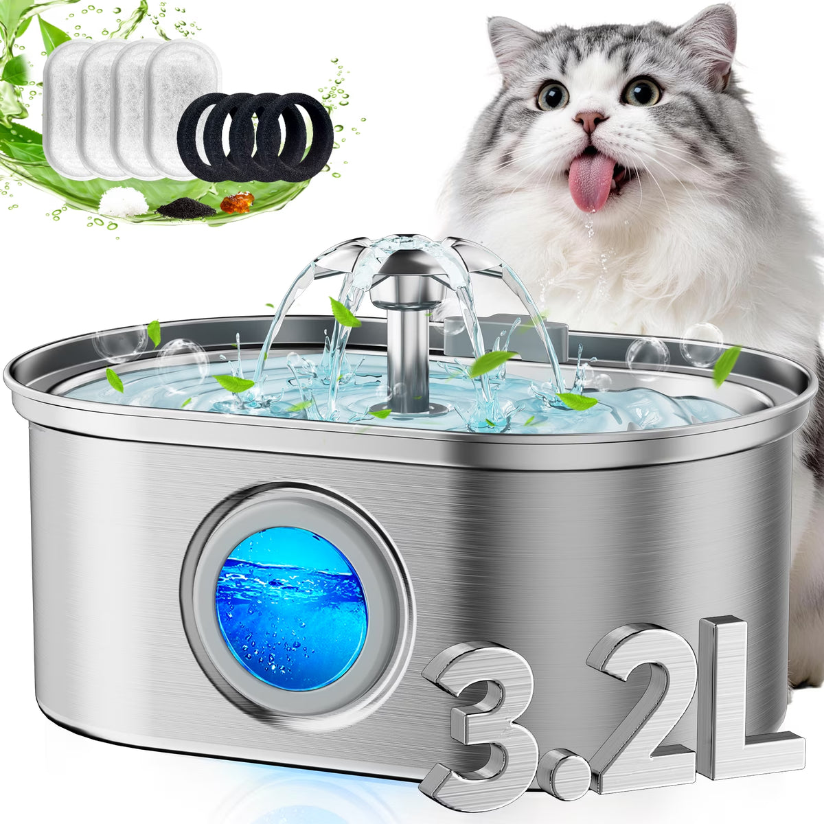 Cat Water Fountain Stainless Steel,  108Oz/3.2L Pet Fountain with Water Level Window,Automatic Water Dispenser for Cats and Dogs, Electric Drinking Bowl Suitable for Multiple Pets, Silver