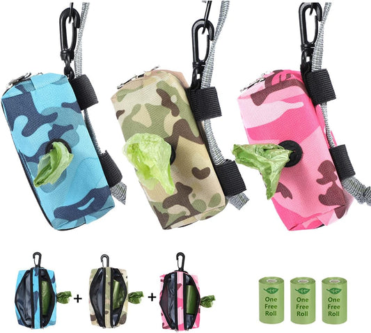 Poop Bag Holder 3 Pack - Dog Poop Bag Dispenser for Leash - Dog Waste Bag Holder Leash Attachment Protable,2 Lock Zipper,Large Capacity,600D Durable Fabric,Doggy Poop Bags Holder,Camo Pink Blue Green