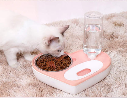 Cat Dog Food and Water Bowl Set, Pet Automatic Water Dispenser Detachable Cat&Dog Feeder Bowl No-Spill, 500Ml Capacity, Stainless Steel