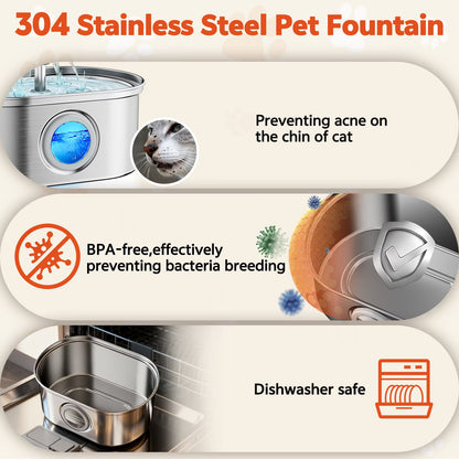 Cat Water Fountain Stainless Steel,  108Oz/3.2L Pet Fountain with Water Level Window,Automatic Water Dispenser for Cats and Dogs, Electric Drinking Bowl Suitable for Multiple Pets, Silver