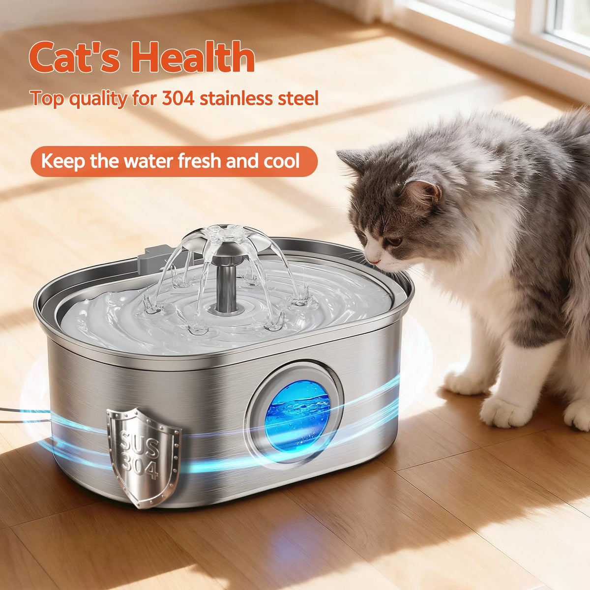 Cat Water Fountain Stainless Steel,  108Oz/3.2L Pet Fountain with Water Level Window,Automatic Water Dispenser for Cats and Dogs, Electric Drinking Bowl Suitable for Multiple Pets, Silver