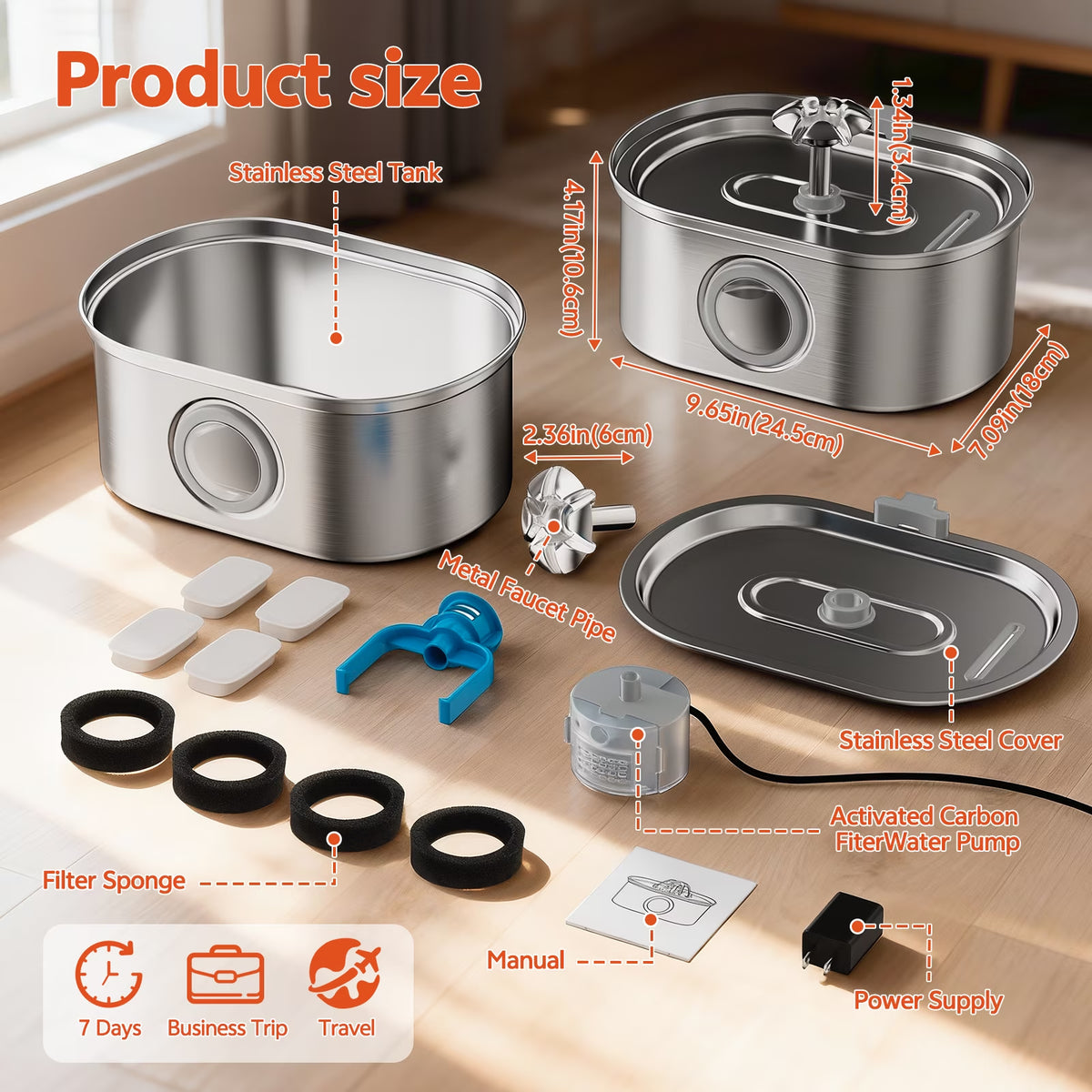 Cat Water Fountain Stainless Steel,  108Oz/3.2L Pet Fountain with Water Level Window,Automatic Water Dispenser for Cats and Dogs, Electric Drinking Bowl Suitable for Multiple Pets, Silver