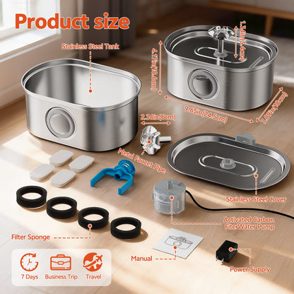 Cat Water Fountain Stainless Steel,  108Oz/3.2L Pet Fountain with Water Level Window,Automatic Water Dispenser for Cats and Dogs, Electric Drinking Bowl Suitable for Multiple Pets, Silver