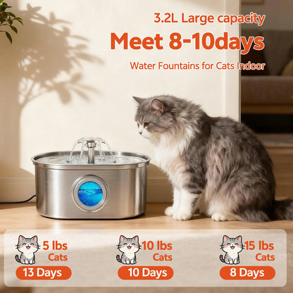 Cat Water Fountain Stainless Steel,  108Oz/3.2L Pet Fountain with Water Level Window,Automatic Water Dispenser for Cats and Dogs, Electric Drinking Bowl Suitable for Multiple Pets, Silver