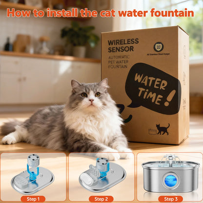 Cat Water Fountain Stainless Steel,  108Oz/3.2L Pet Fountain with Water Level Window,Automatic Water Dispenser for Cats and Dogs, Electric Drinking Bowl Suitable for Multiple Pets, Silver