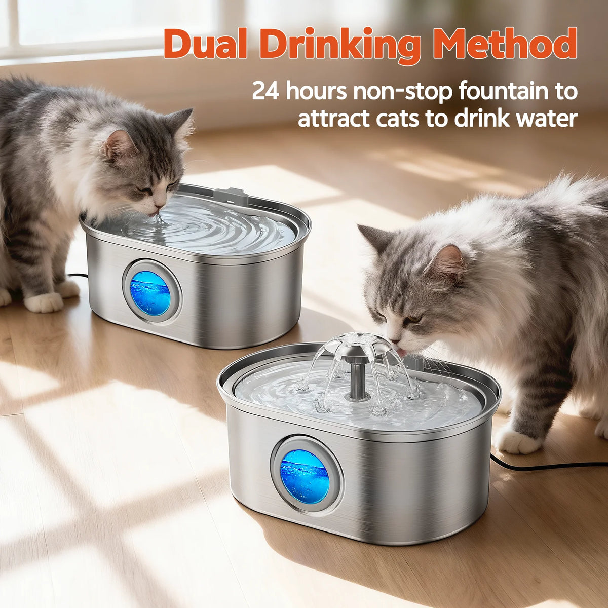 Cat Water Fountain Stainless Steel,  108Oz/3.2L Pet Fountain with Water Level Window,Automatic Water Dispenser for Cats and Dogs, Electric Drinking Bowl Suitable for Multiple Pets, Silver