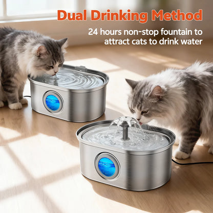Cat Water Fountain Stainless Steel,  108Oz/3.2L Pet Fountain with Water Level Window,Automatic Water Dispenser for Cats and Dogs, Electric Drinking Bowl Suitable for Multiple Pets, Silver