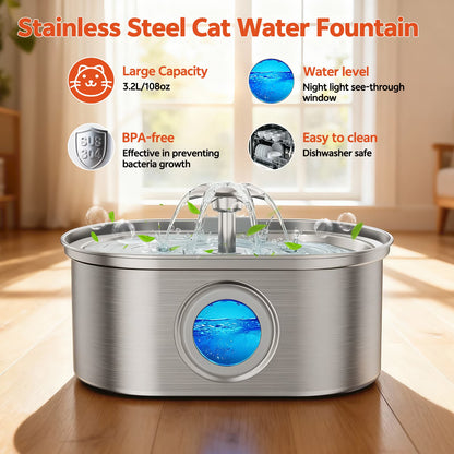 Cat Water Fountain Stainless Steel,  108Oz/3.2L Pet Fountain with Water Level Window,Automatic Water Dispenser for Cats and Dogs, Electric Drinking Bowl Suitable for Multiple Pets, Silver